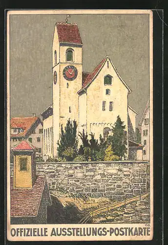 Künstler-AK Rüti, Industrie-Gewerbe und Landwirtschafts-Ausstellung Bez. Hinwil 1911, Kirche in Rüti