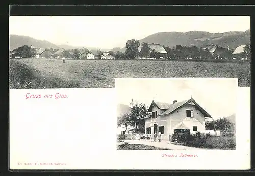 AK Salzburg-Glas, Strobels Krämerei, Blick über Äcker auf den Ort