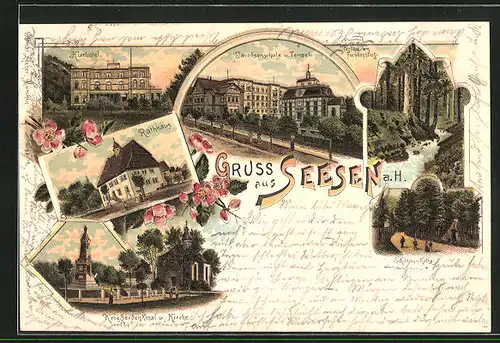 Lithographie Seesen a. H., Hotel Kurhotel im Dämmerungslicht, Jacobsonschule u. Tempel, Rathaus