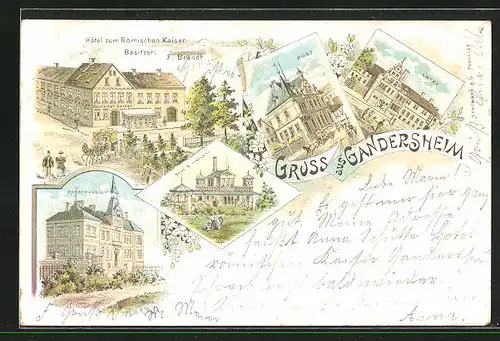 Lithographie Gandersheim, Hotel Zum römischen Kaiser, Progymnasium, Post mit Pferdekutsche