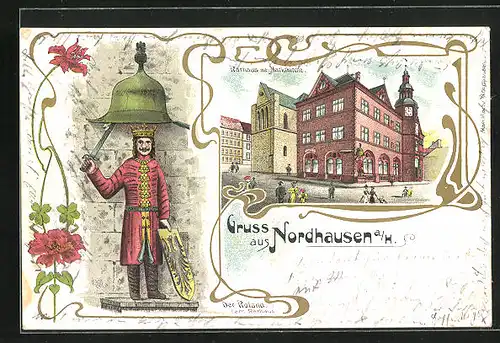 Lithographie Nordhausen a. H., Rathaus mit Marienkirche, Der Roland am Rathaus