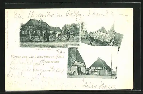 AK Lüneburger Haide, Gasthaus mit Passanten, Kirche, Marktplatz