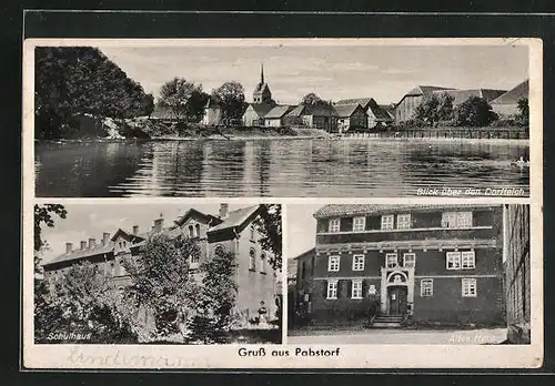 AK Pabstorf, Schulhaus, Altes Haus, Blick über den Dorfteich