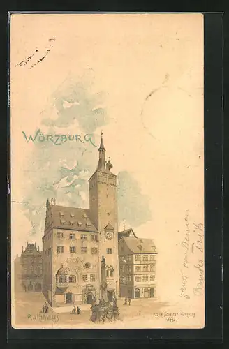 Lithographie Würzburg, Denkmal vor dem Rathaus