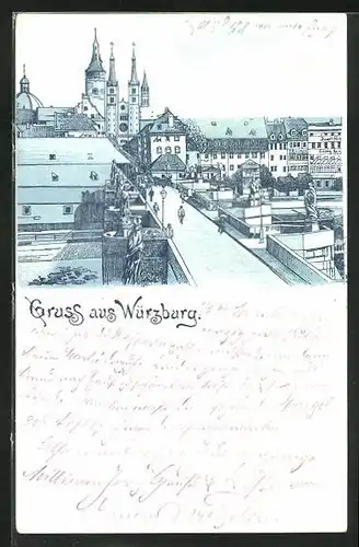 Lithographie Würzburg, Ortsansicht mit der Ludwigsbrücke