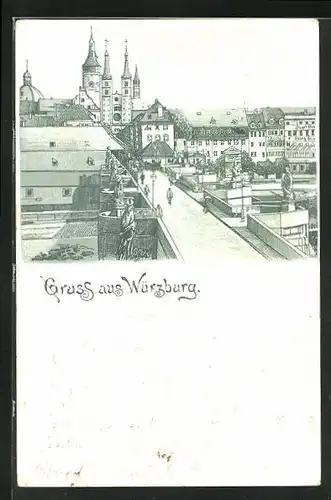 Lithographie Würzburg, Ortsansicht mit der Ludwigsbrücke