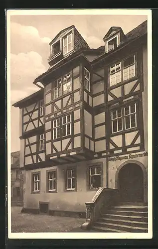 AK Würzburg, Strassenpartie mit dem Fachwerkhaus in der Bergmeistergasse 4