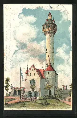 Lithographie Würzburg, Frankenwarte Aussichtsturm mit Restaurant