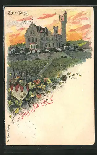 Lithographie Würzburg, Gasthaus Stein-Burg in der Abenddämmerung