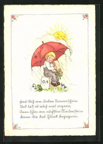 Künstler-AK Liesel Lauterborn: Kind mit Regenschirm auf Meilenstein