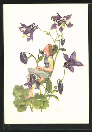 Künstler-AK Schwarz-Torino: Fräulein sitzt auf dem Stiel einer Blume