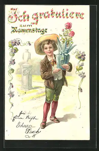 Präge-AK Junge mit Hut und Blumenstrauss in Knickerbockern, Namenstag