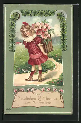 Präge-AK Mädchen im Kleid mit Blumenkorb, Namenstag