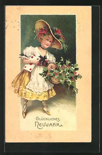 Präge-AK Neujahr, Mädchen mit Hut und Kleid und Stechpalmen-Korb
