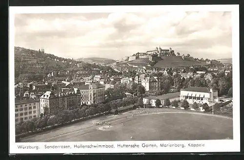 AK Würzburg, Sanderrasen, Hallenschwimmbad, Huttensche Garten, Marienberg, Kapelle aus der Vogelschau