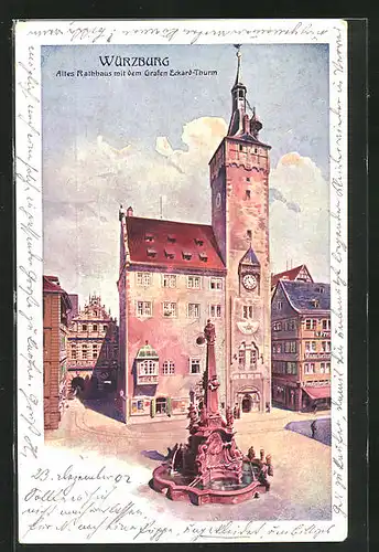 Künstler-AK Würzburg, Altes Rathhaus mit dem Grafen Eckard-Thurm