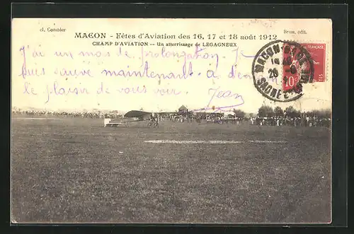 AK Macon, Fêtes d`Aviation 1912, Champ d`Aviation, Un atterrissage de Legagneux