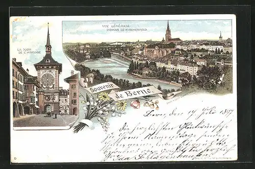 Lithographie Berne, Vue générale depuis le Kirchenfeld, La Tour de l`Horloge