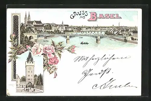 Lithographie Basel, Teilansicht mit Brücke, St. Albantor