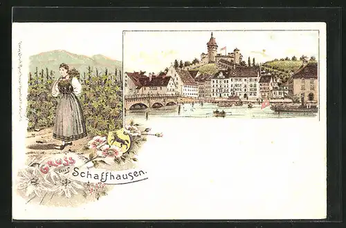 Lithographie Schaffhausen, Ortspartie mit Brücke, Frau in Tracht