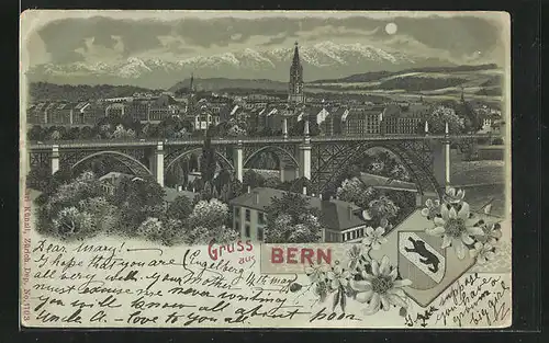 Mondschein-AK Bern, Teilansicht mit Brücke und Wappen