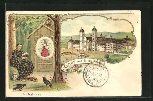 Präge-Lithographie Einsiedeln, Kloster aus der Vogelschau, Mönch mit Hl. Meinrad
