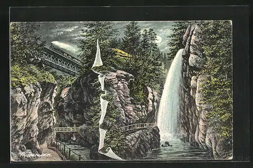 AK Bözingen, Taubenloch, Schlucht mit Wassersturz und Eisenbahnbrücke