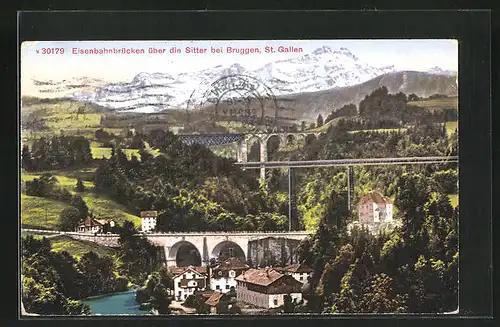 AK St. Gallen, Eisenbahnbrücke über die Sitter bei Bruggen