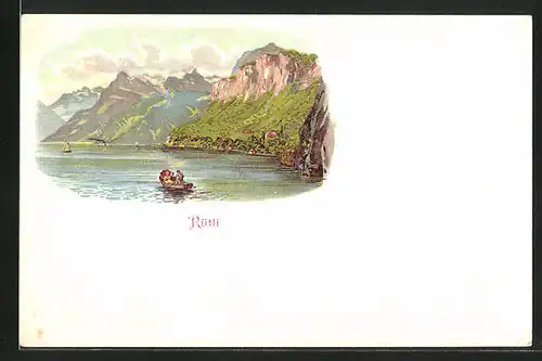 AK Rütli, Vierwaldstättersee mit Ruderboot und Bergen