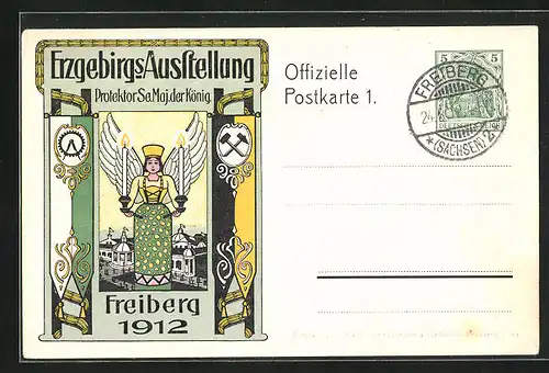 Künstler-AK Ganzsache PP27C154 /01: Freiberg, Erzgebirgs-Ausstellung 1912, Engelsfigur mit Kerzen