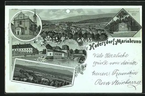 Mondschein-Lithographie Hadersdorf-Mariabrunn, Forstschule, Laudons Schloss, Wallfahrtskirche