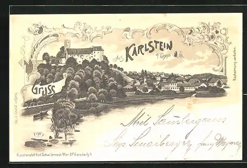 Lithographie Karlstein a. Thaya, Blick vom Fluss auf den Ort