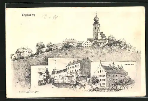 AK Engelsberg, Strassenpartie mit Gebäudezeile, Pfarrhof, Kirche