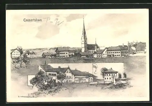 AK Emmertsham, Gasthaus am Marktplatz mit Fahne, Kirche