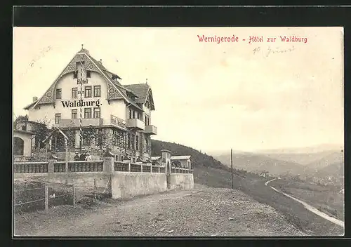 AK Wernigerode, Hotel zur Waldburg, Blick ins Harzvorland