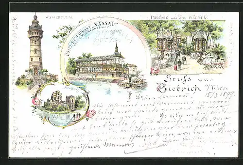 Lithographie Biebrich / Rhein, Hotel-Restaurant Nassau, Wasserturm, Moosburg