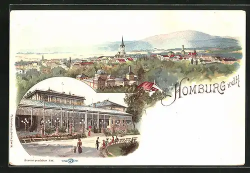 Lithographie Homburg v. d. H., Kureinrichtungen, Panoramablick auf den Ort