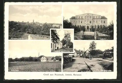 AK Naustadt, Gasthof von Oskar Schütze, Dorfstrasse, Schule, Rittergut