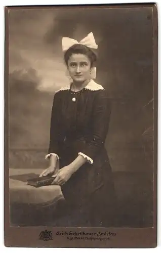 Fotografie Erich Scheithauer, Zwickau i. S., Innere Plauensche Str. 20, Schöne Frau mit Haarschleife und langem Kleid