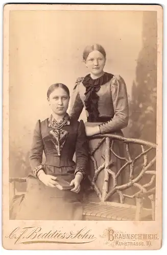 Fotografie C. F. Beddies & Sohn, Braunschweig, Kuhstrasse 10, Portrait zwei junge Damen in hübscher Kleidung mit Buch