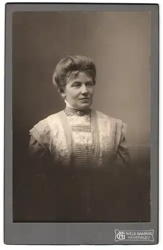 Fotografie N. Gaasvig, Haderslev, Apothekergade 310, Portrait bürgerliche Dame in hübscher Kleidung