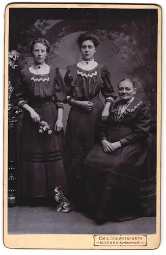 Fotografie Emil Schweisfurth, Barmen, Berlinerstrasse 61, Portrait ältere und zwei jüngere Damen in modischen Kleidern