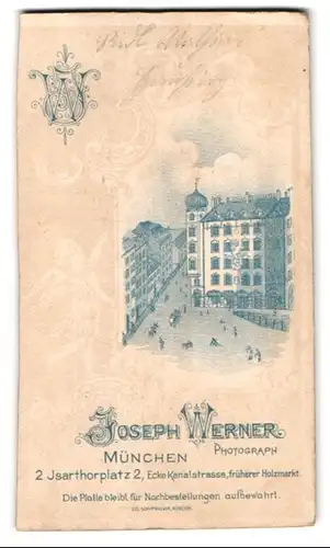 Fotografie Joseph Werner, München, Isarthorplatz 2, Ansicht München, Partie mit Gebäude des Ateliers, Wappen