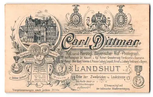 Fotografie Carl Dittmar, Landshut, Zweibrücken-u. Leukstr. 13, Ansicht Landshut, Gebäudes des Fotoateliers, Wappen