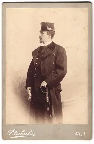 Fotografie Strahala, Wien, Langegasse 46, Portrait österreichischer Soldat in Uniform mit Tschako und Säbel