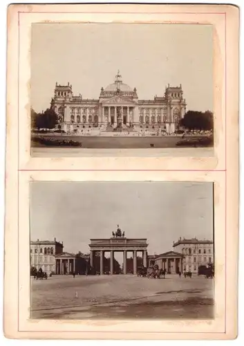 2 Fotografien Fotograf unbekannt, Ansicht Berlin, Reichstag und Brandenburger Tor mit Pariser Platz