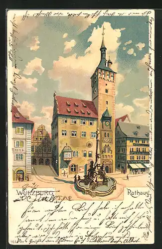 Lithographie Würzburg, Rathaus mit dem Brunnen