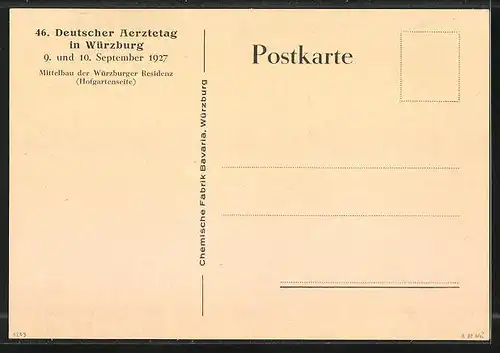 Künstler-AK Würzburg, 46. Deutscher Aerztetag 1927, Mittelbau der Würzburger Residenz, Hofgartenseite