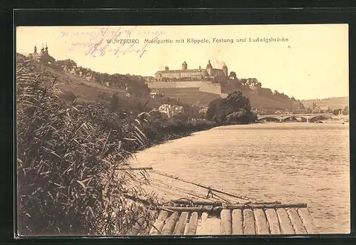 AK Würzburg, Mainpartie mit Käppele, Festung und Ludwigsbrücke