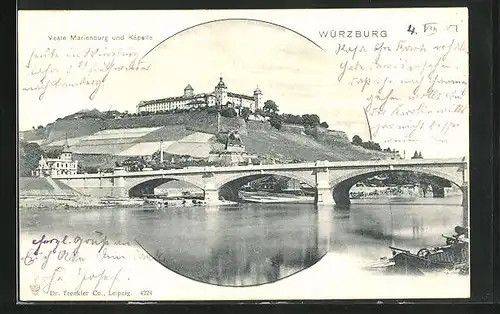 AK Würzburg, Mainufer mit Veste Marienburg, Käpelle und Brücke